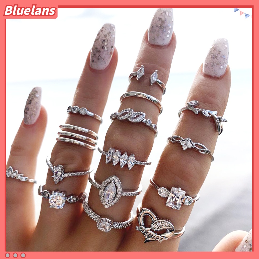 {In Stock} 15Pcs/Set Wanita Bohemian Buatan Batu Permata Berlian Imitasi Jari Cincin Perhiasan Hadiah