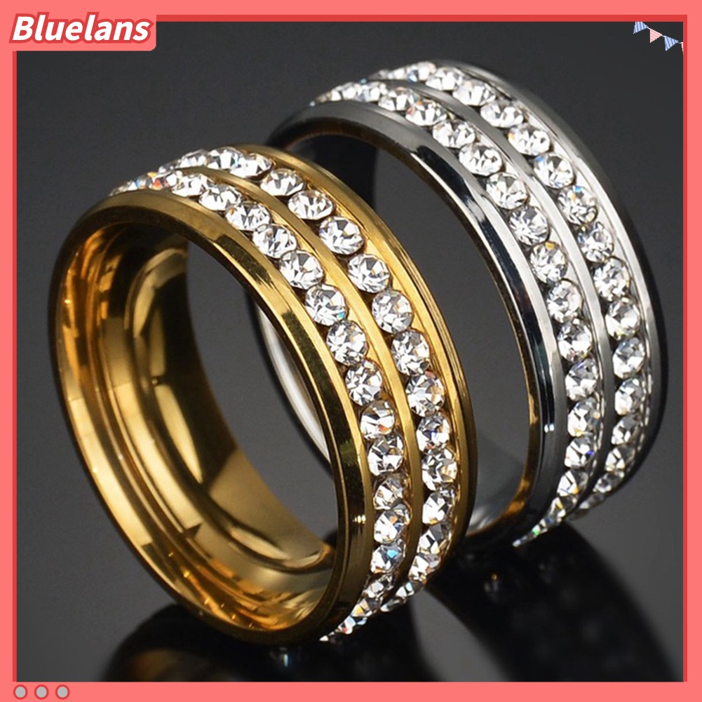 {In Stock} Wanita Mewah Baris Ganda Berlian Imitasi Bertatahkan Jari Cincin Pernikahan Pertunangan Perhiasan