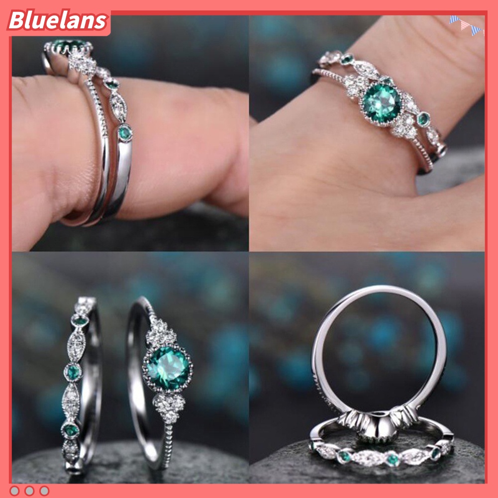 {In Stock} 2Pcs/Set Wanita Berlian Imitasi Potongan Bulat Cubic Zirconia Jari Cincin Perhiasan Pernikahan