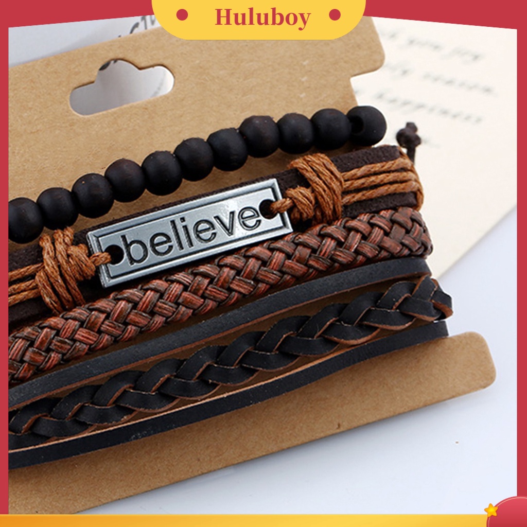 {Ready Stock} 4Pcs/Set Pria Fashion Adjustable Kulit Imitasi Tali Dikepang Percaya Huruf Gelang Manik-Manik