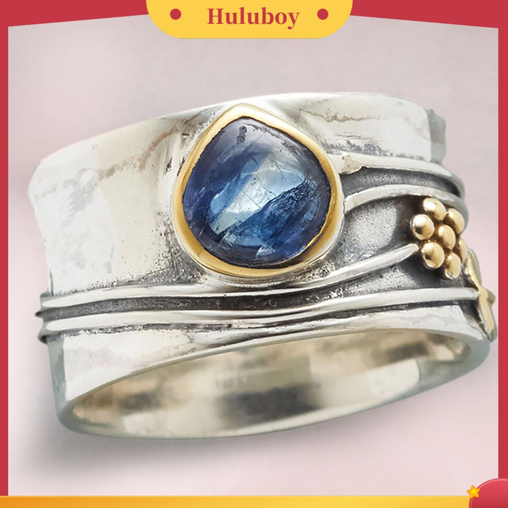 {Ready Stock} Cincin Vintage Two-tone Sederhana Statement Biru Permata Imitasi Daun Bunga Jari Cincin Perhiasan Aksesoris