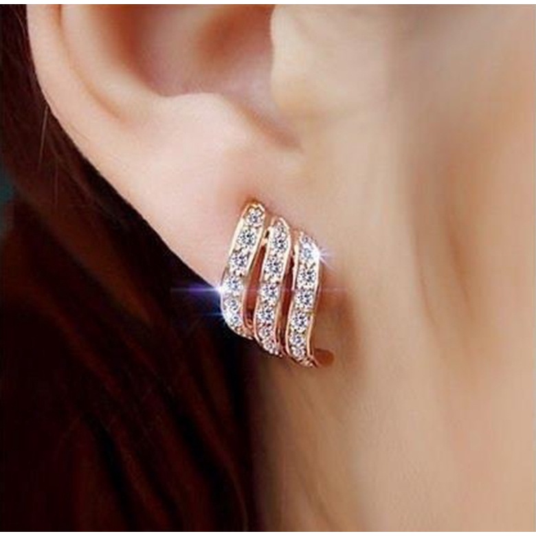 Goldkingdom Aksesoris Perhiasan Fashion Ready Stock Berlapis Rose Gold Set Berlian Anting Anting Kreatif Tiga Baris Berlian Anting Wanita