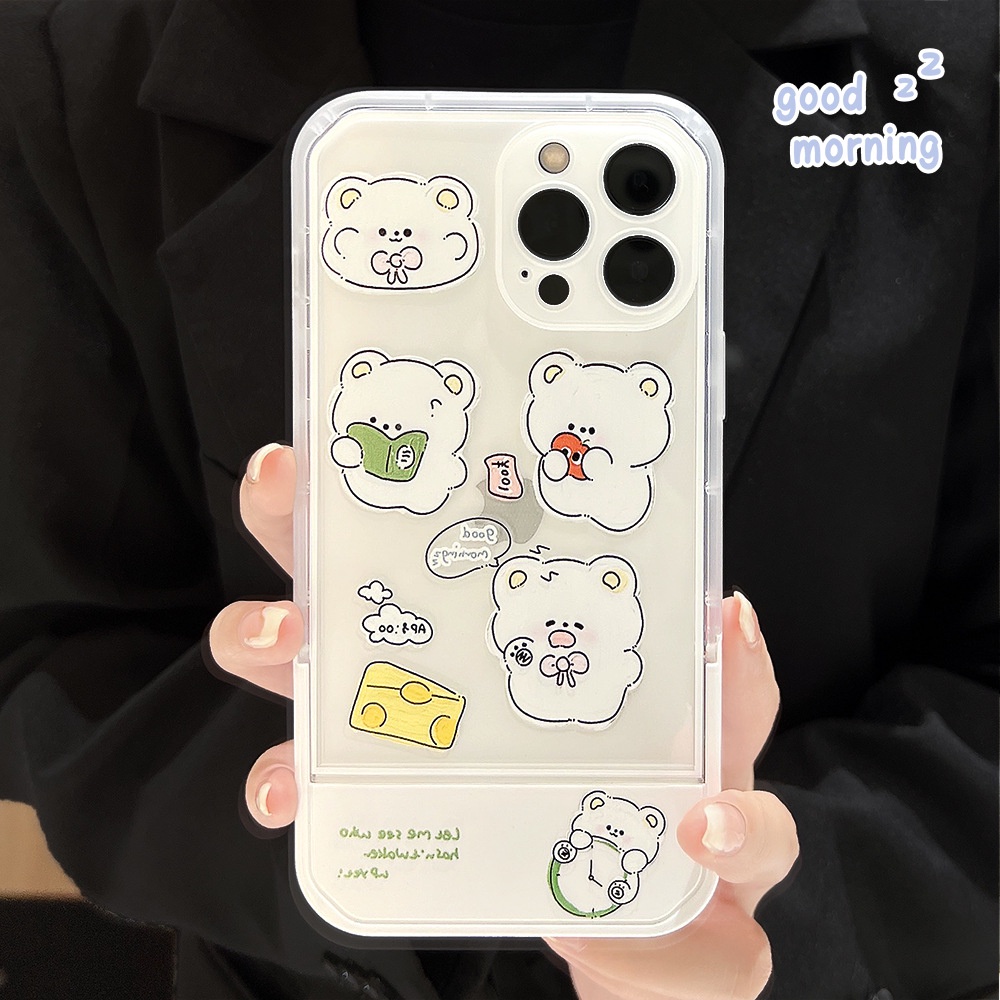 IPHONE Holder Telepon Tak Terlihat Kartun Beruang Putih Semi Transparan Case Cover Untuk Iphone7 8 PLUS X XR XS 11 12 13 14 PRO MAX SE 2020