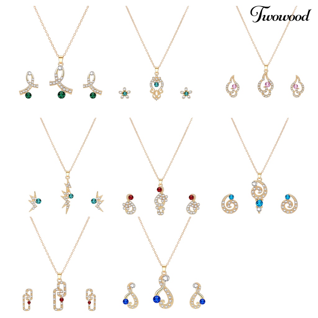 Twowood 1set Wanita Kalung Anting Geometris Elegan Hias Sparkling Adjustable Perhiasan Hadiah Faux Gem Lady Fashion Berlian Imitasi Mengkilap Liontin Kalung Anting Untuk Pesta