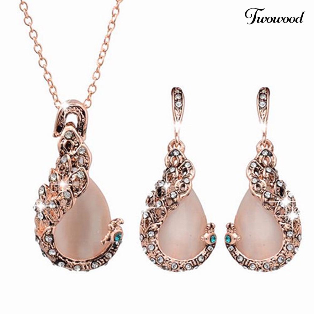 Twowood Wanita Elegan Tetesan Air Berlian Imitasi Liontin Kalung Kait Anting Set Perhiasan