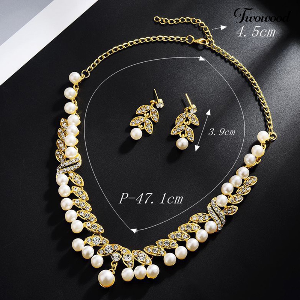 Twowood Faux Pearl Rhinestone Leaf Menjuntai Anting Kalung Bridal Set Perhiasan Pernikahan