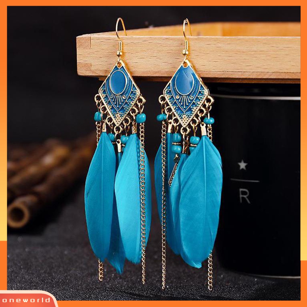 [OWR] 1pasang Anting Kait Bohemian Tetes Minyak Geometris Persegi Panjang Liontin Temperamen Dekorasi Elegan Buatan Bulu Rumbai Menjuntai Anting Aksesoris Kostum