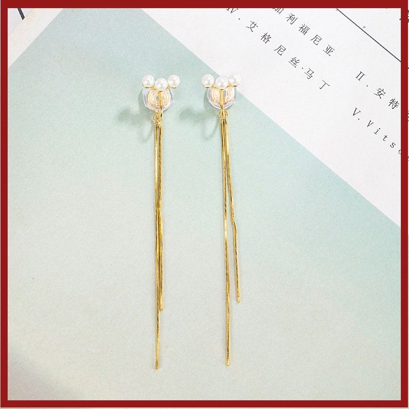 Klip Telinga Coil Nyamuk Elegan Rumbai Panjang Shell Anting Mutiara Wanita U1215
