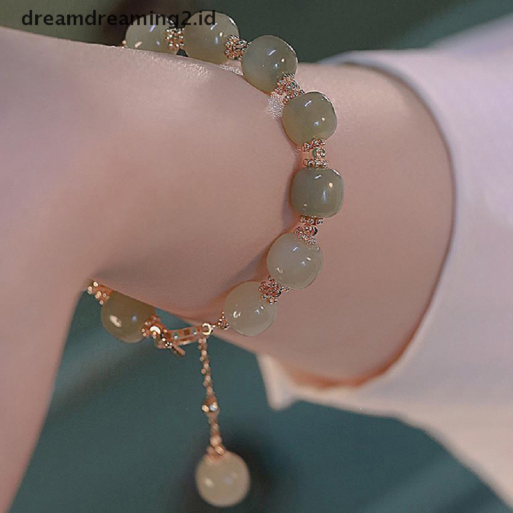 (hot) Vintage Cahaya Imitasi Hetian Jade Beaded Charm Gelang Pesta Santai Mutiara Zirkon Perhiasan Fashion Untuk Wanita Hadiah//