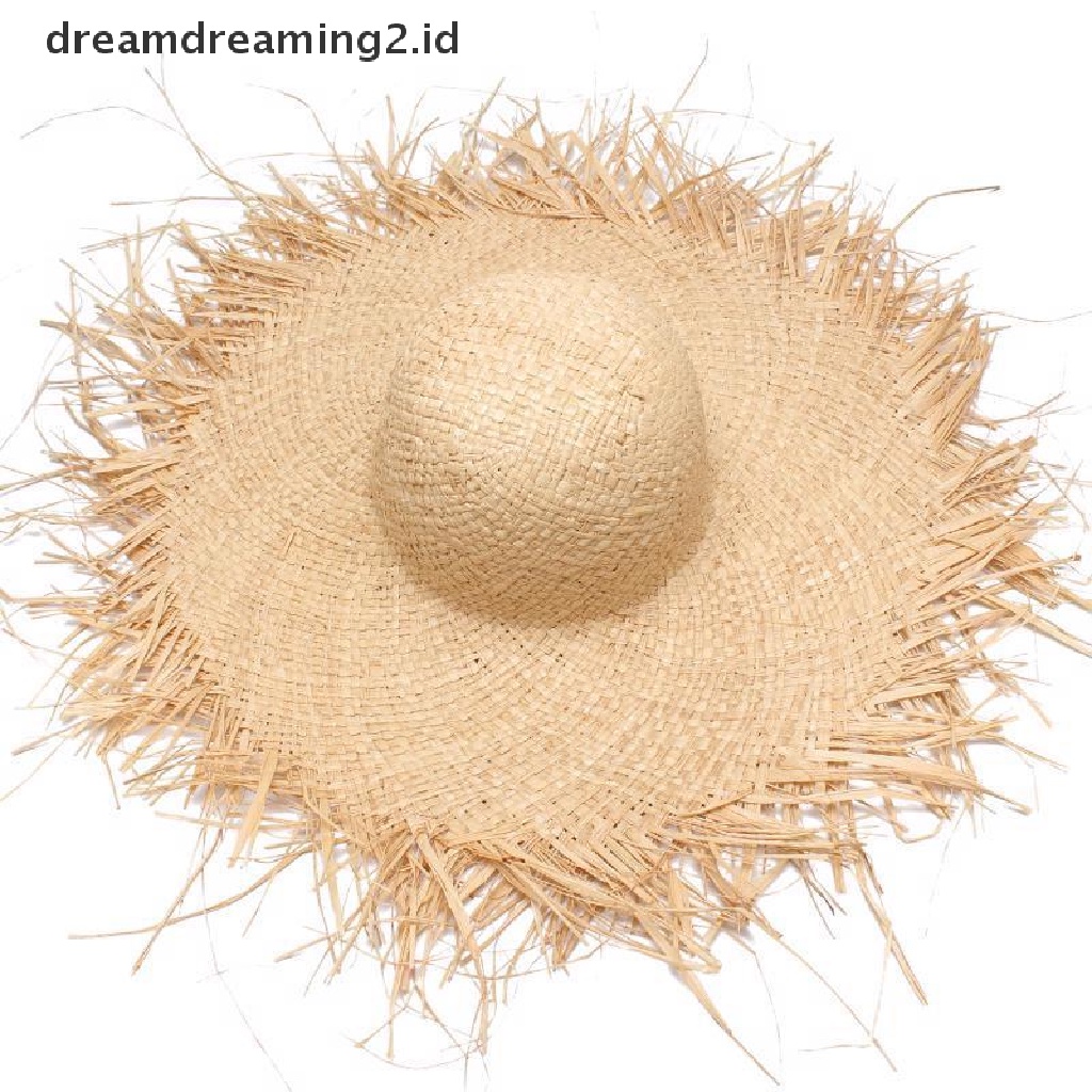 (hot) Topi Matahari Jerami Wanita Pinggiran Lebar Besar Natural Raffia Panama Topi Pantai Liburan//