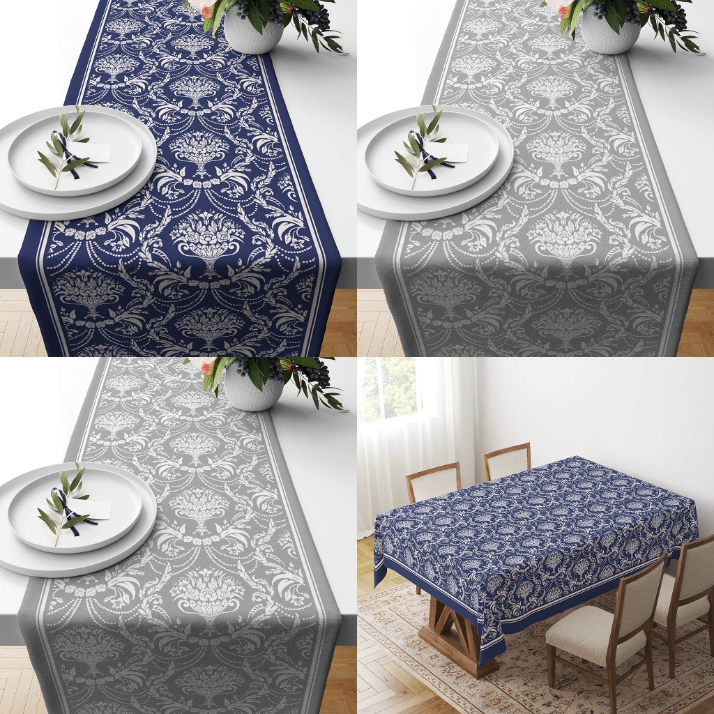 Table Runner Taplak Meja Print Motif Damask Blue Grey 180x33 / 140x180 / 140x230 cm - Pusat Kado Murah