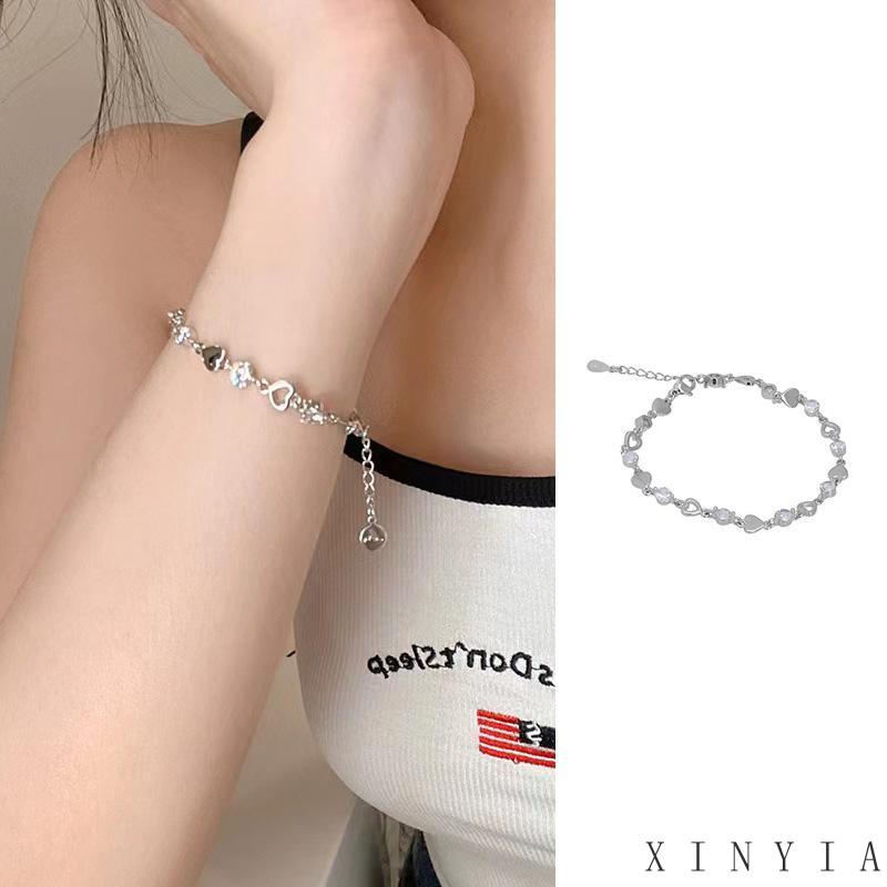 【Bayar di tempat】Gelang Kristal Hati Gelang Rantai Silver Simple Untuk Aksesoris Perhiasan Wanita