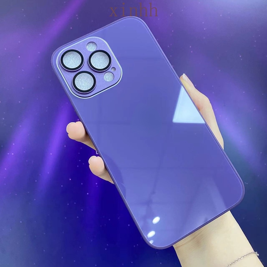 IPHONE Casing Ponsel Kaca Ungu Tua Canggih Berkilau Untuk Iphone14 13 12 11 Pro Max 14Plus Perlindungan Lensa Casing Belakang