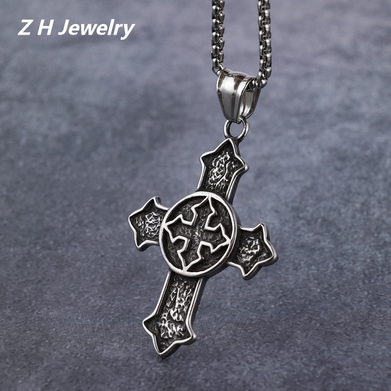 [Z H Perhiasan] Vintage Punk Ganda Liontin Salib Untuk Pria Dan Wanita Fashion Stainless Steel Kalung Hip Hop Pesta Perhiasan Aksesoris