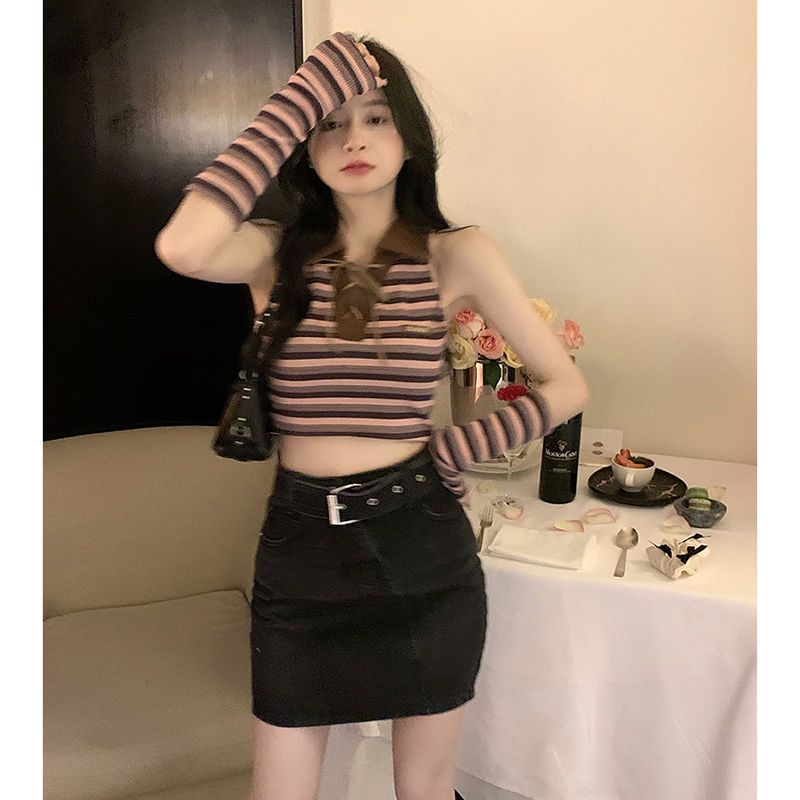 Red Rasa desain musim semi dan musim panas Polo collar strap striped knitted vest pakaian luar baru pendek top tren keinginan murni wanita