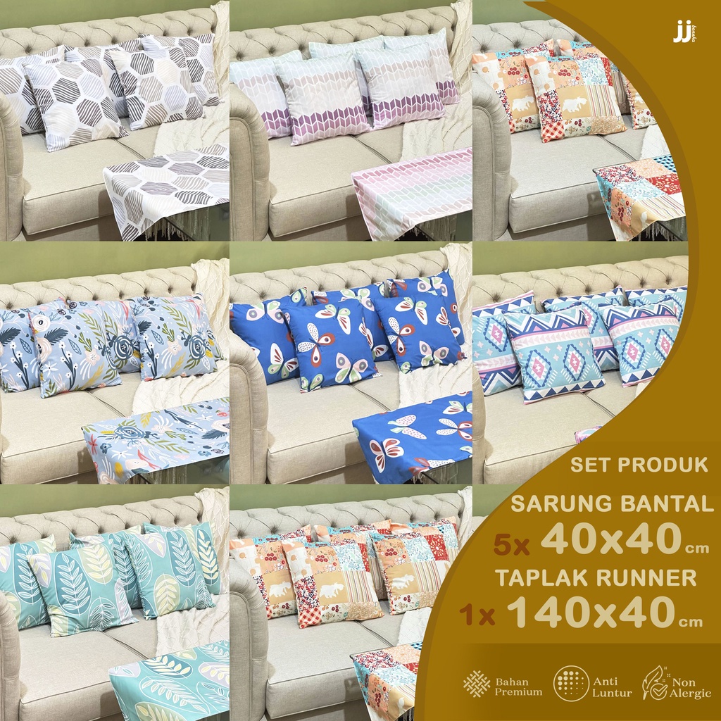 [SET ISI 5 +1] SARUNG BANTAL SOFA 40X40 CM + TAPLAK RUNNER MEJA 140X40 CM MOTIF ABSTRAK PATTEN MINIMALIS SUPERHERO