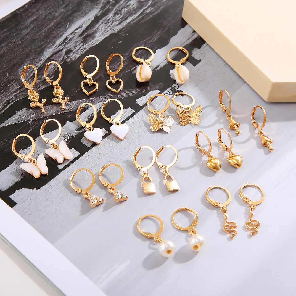 Yeezii 12pasang/set Ular Kupu-Kupu Jamur Lock Hoop Earrings Emas Zirkon Mutiara Drop Oil Shell Earring Untuk Wanita Aksesoris Perhiasan