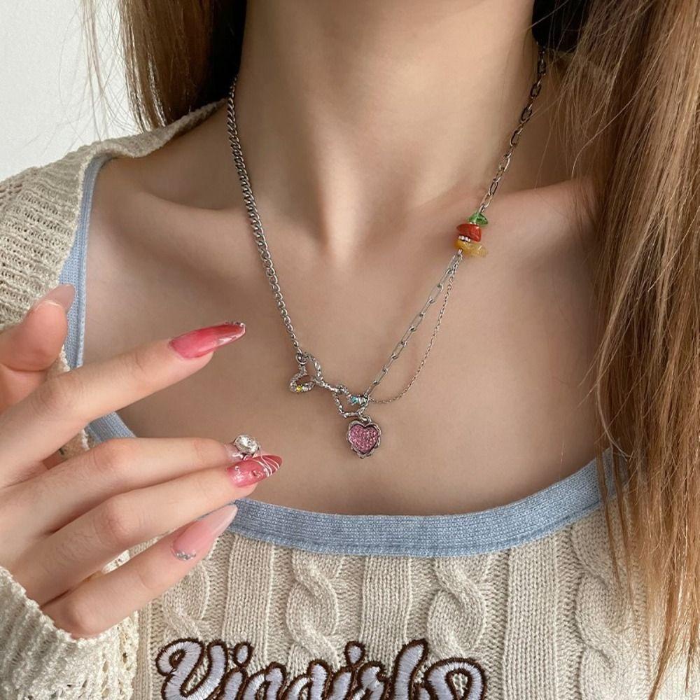 Mxbeauty Y2K Wanita Kalung Hadiah Pesta Pink Manis Mengkilap Adjustable Hati Liontin Rantai