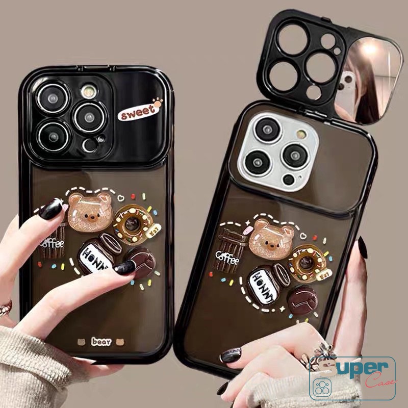 Mainan 3D Beruang Kopi Donat Stiker Kreatif Flip Make Up Mirror Case Kompatibel Untuk iPhone XR 78 14 Plus 11 13 12 14 Pro MAX XS MAX X SE Kartun Lucu Shockproof Soft Cover