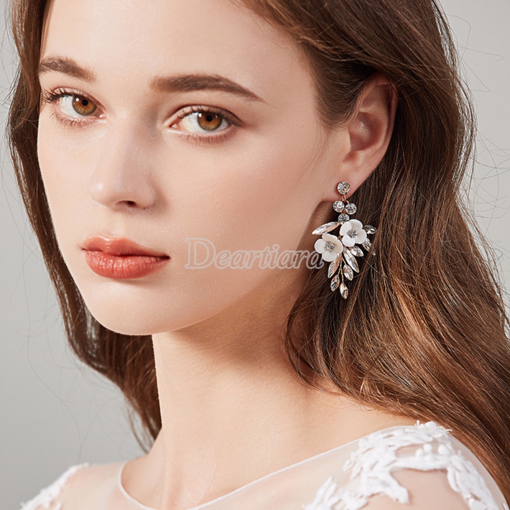 Asli Desain Baru Bridal Ornamen Anting Buatan Tangan Berlian Imitasi Bunga Pernikahan Bridal Earrings