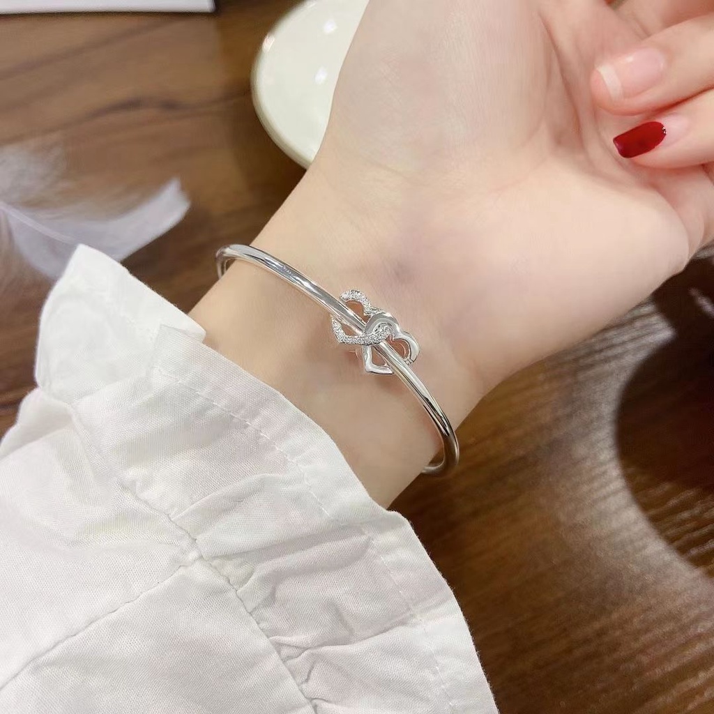 Fashion Zirkon Ganda Hati Bangle Untuk Wanita Korea Y2k Perak Gelang Perhiasan Aksesoris