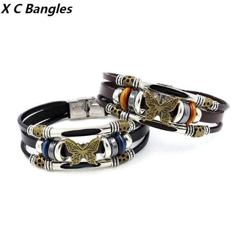 [X C Gelang] Baru Kupu-Kupu Gelang Stainless Steel Hitam Kulit Vintage Hip Hop Punk Gelang Kulit Lengan Manik-Manik Multi Layer Zinc Alloy Anyaman Gelang