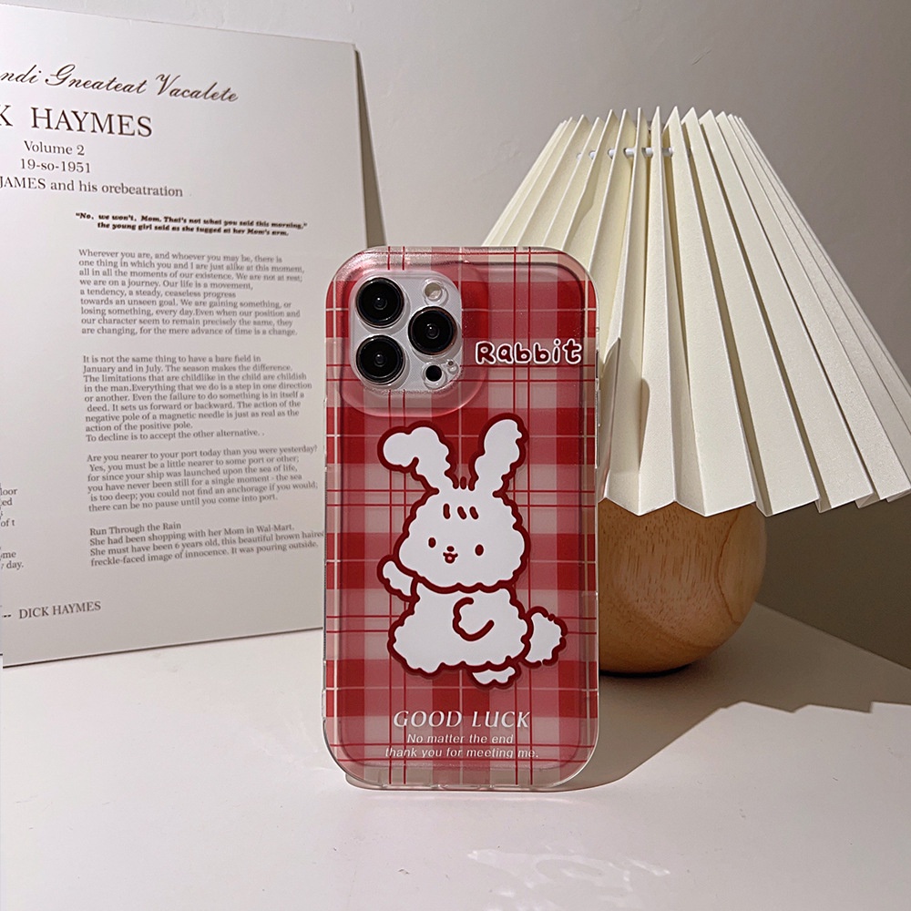 IPHONE Cover Casing Ponsel Transparan Motif Kotak-Kotak Kartun Kelinci Vintage Merah Untuk Iphone11 12 13 14 PLUS PRO MAX