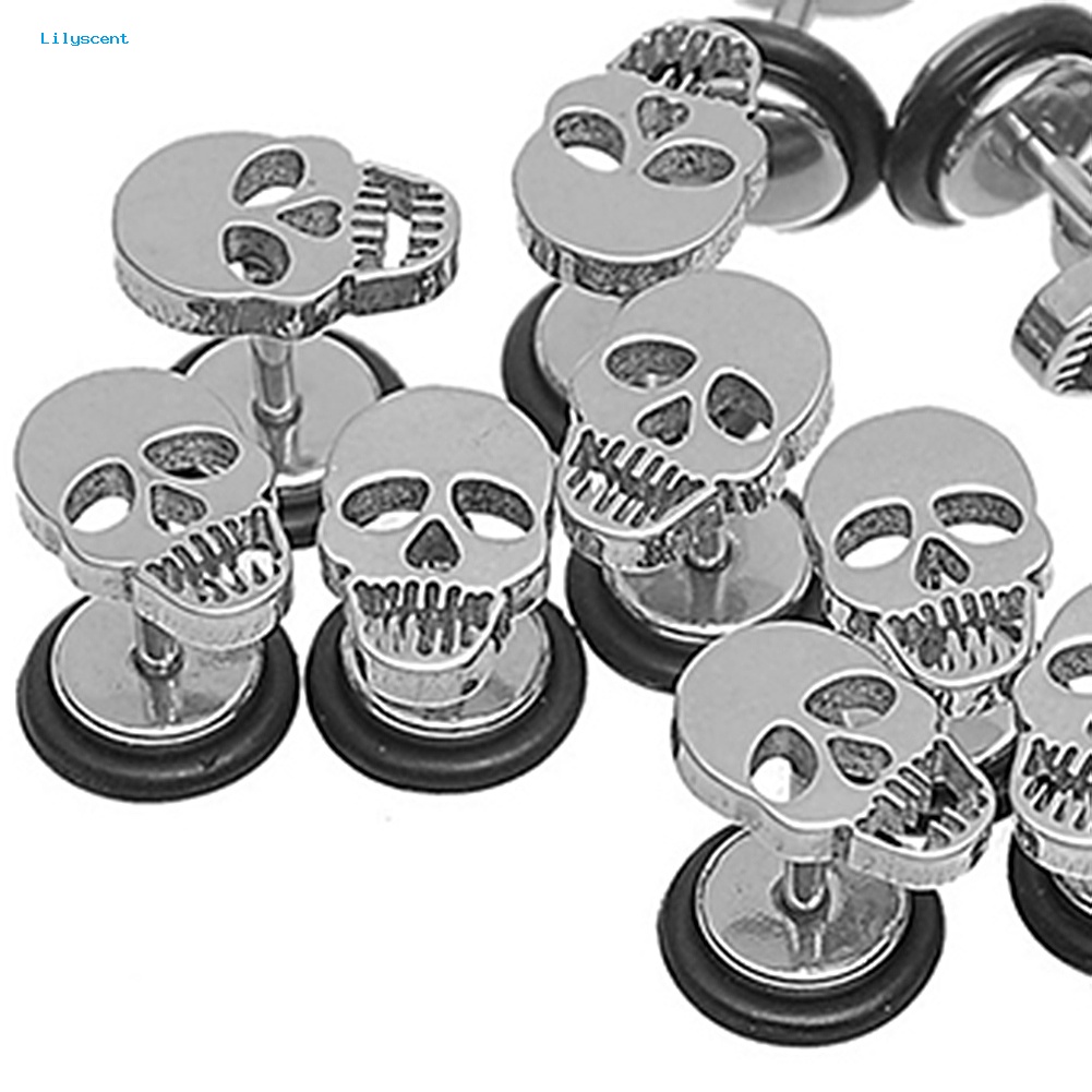 Lilyscent 1pasang Unisex Punk Gothic Stainless Steel Barbel Tengkorak Telinga Studs Anting Perhiasan