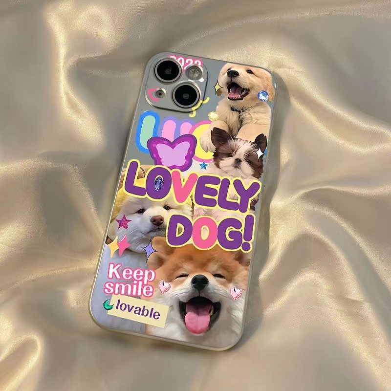 IPHONE Lovely Dog Soft Case Kompatibel Untuk Iphone11 14 13 12 Pro XS Max XR X8 7 6S Plus Casing Ponsel Mini Electroplate TPU Silikon Shockproof Cover