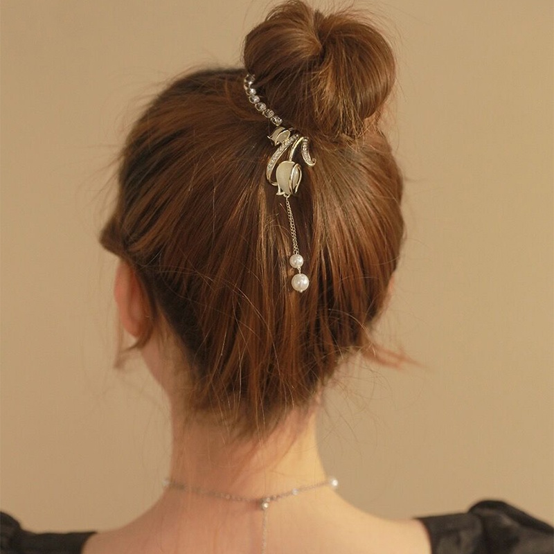 Elegan Bunga Tulip Rumbai Alloy Hair Clip Ponytail Gesper Jepit Rambut Aksesoris Rambut Wanita