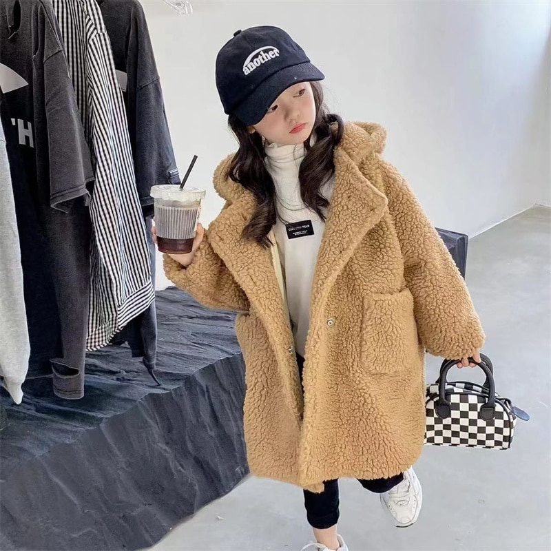 jaket jubah bulu anak perempuan long coat blezer tangan panjang jas jubah musim dingin import