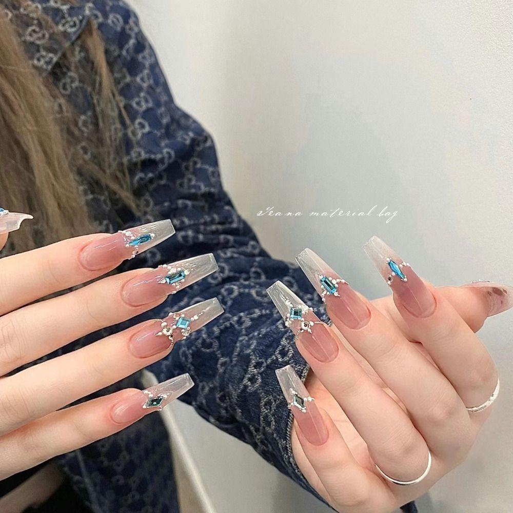 Augustina Hiasan Nail Art DIY Nattier Baja Biru Bentuk Manik Flatback Kaca Bentuk Mix Mutiara Manikur Aksesoris