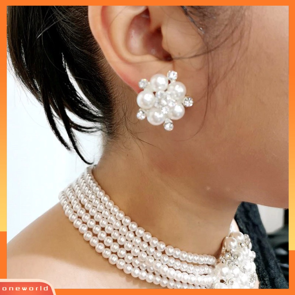 [ONE] 1set Kalung Anting Set High Gloss Mengkilap Terang Kilau Diikat Manik-Manik Mutiara Imitasi Bunga Pernikahan Pengantin Kalung Anting Perhiasan Hadiah