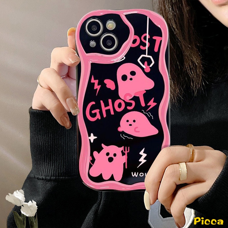 IPHONE Casing Ponsel 3D Wavy Curved Edge Glossy Shockproof Kompatibel Untuk Iphone11 13 12 14 Pro Max XR 78 6 6s Plus X XS Max SE 2020 Lucu Pink Soul Ghost Tpu Soft Cover