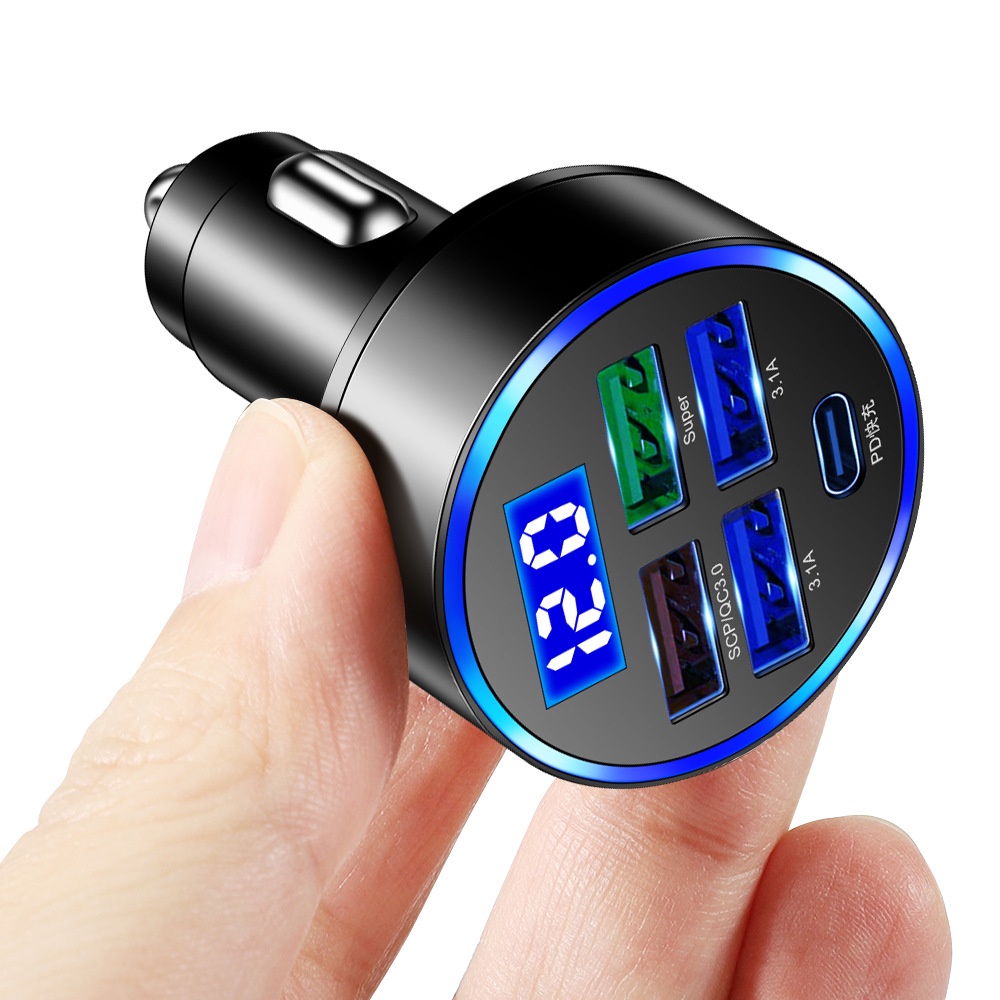 5-port Car LED Digital Display Charger Universal 150W Pengisian Cepat Adaptor Kendaraan Konverter Universal Tampilan Tembus Mewah Charger Aksesoris Interior Mobil