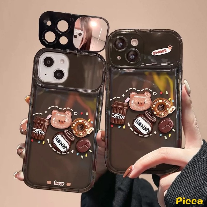 IPHONE Casing Cermin Make Up Flip Kreatif Kompatibel Untuk Iphone13 11 12 14 Pro Max7 8 14 Plus XR X XS MAX SE Kartun Lucu Mainan 3D Beruang Kopi Donat Casing Shockproof Soft Cover