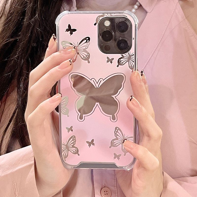 【Shock Proof Mirror】Silicone Soft Case Iphone 6S 7 8 Plus X XR XS Max IPhone 11 12 13 14 Pro Max 14 Plus 7+ 8+ 12 13 mini for Women Girl Ins Pink butterfly