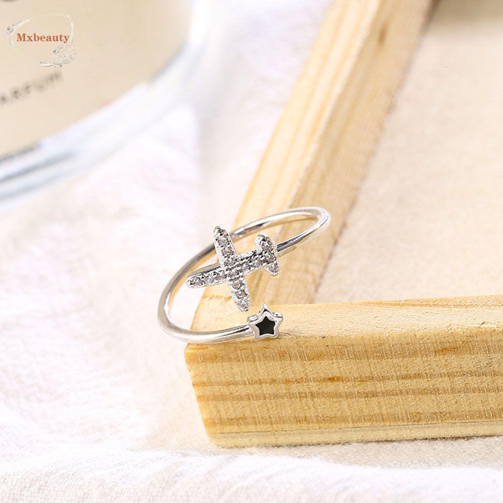 Mxbeauty Cincin Bentuk Bintang Pesawat Aksen Kristal Warna Silver Dapat Disesuaikan