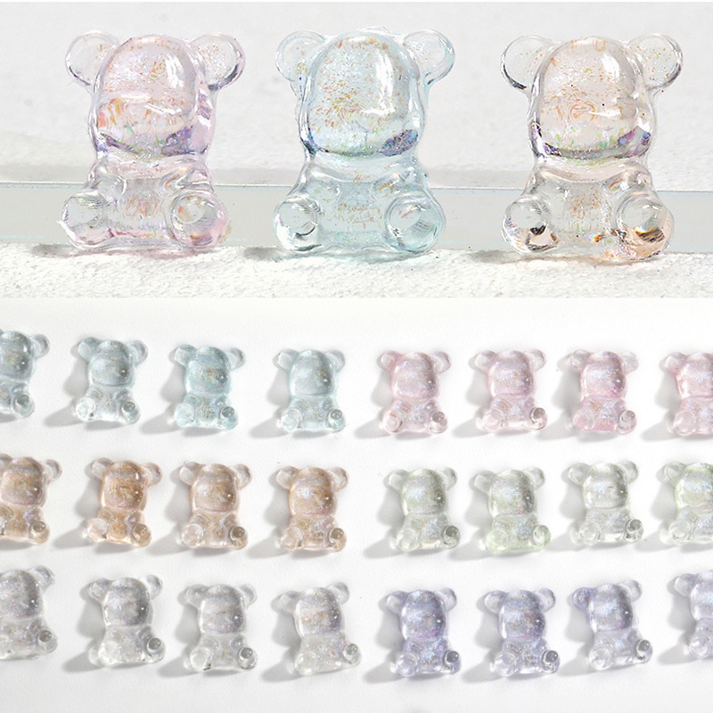 [Unggulan] 50pcs/bag Mix Warna Kuku Beruang Lucu Art Dekorasi Aurora Resin 3D Nail Art Ornamen Untuk Ujung Kuku Manicure UV Gel Polish Decor DIY Aksesoris Manicure Glitter Stone