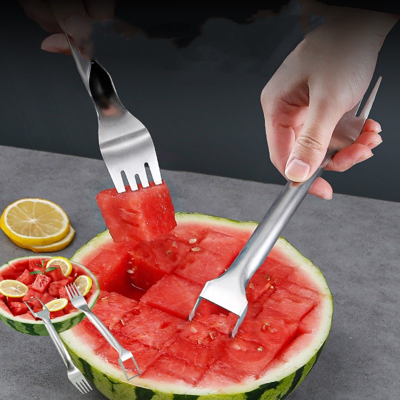 Pemotong Jelly Keju Cepat 2in1 Stainless Steel Garpu Buah Kue Dessert Salad Cabang Meratakan Semangka Blok Slicer Peralatan Makan Pub Dapur Kreatif