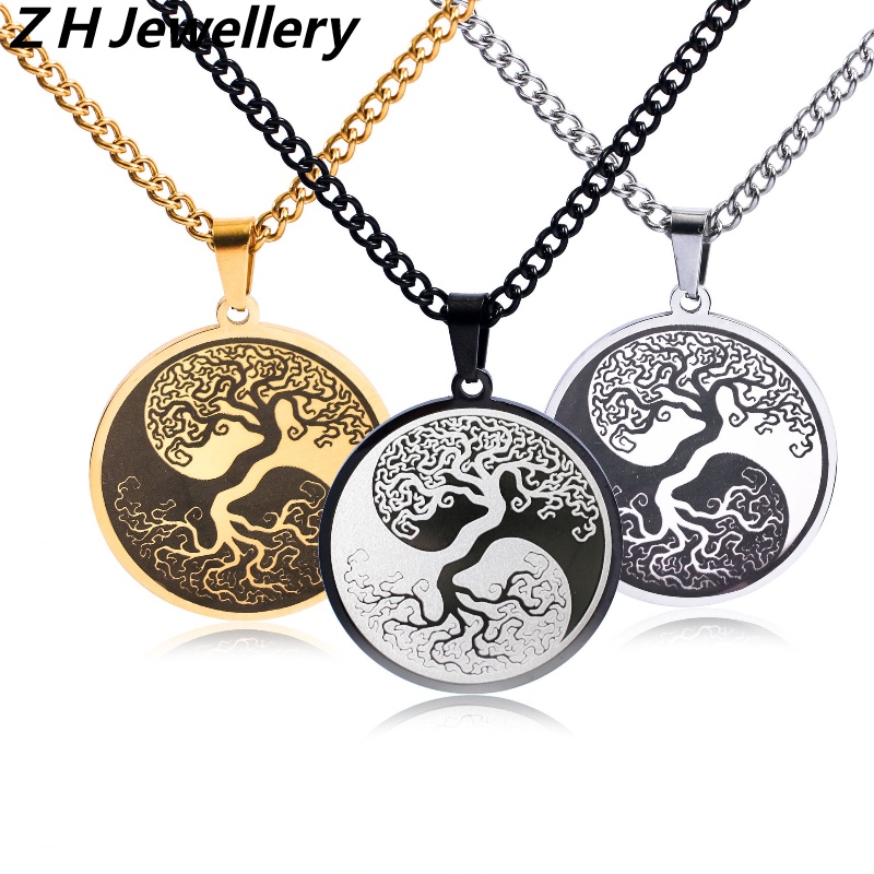 Z H Perhiasan Hip Hop Rock Stainless Steel Pohon Kehidupan Tai Chi Yin Yang Delapan Trigram Liontin Untuk Pria Dan Wanita Fashion Baja Titanium Kalung Retro Punk Aksesoris Pesta