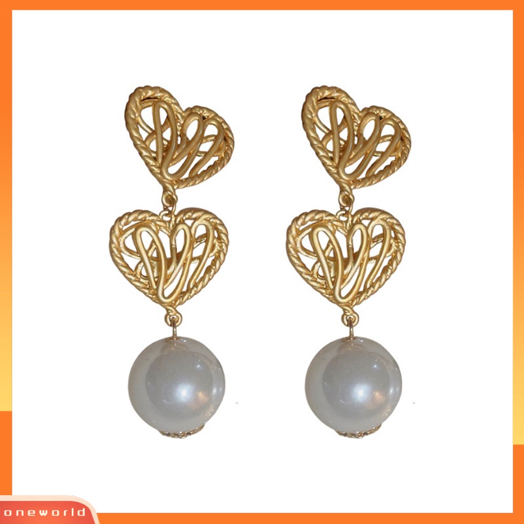 [EONE] 1pasang Drop Earrings Electroplating Berlebihan Liontin Geometris Menawan Dress Up Hypoallergenic Hati Emas Faux Pearl Earrings Fashion Perhiasan