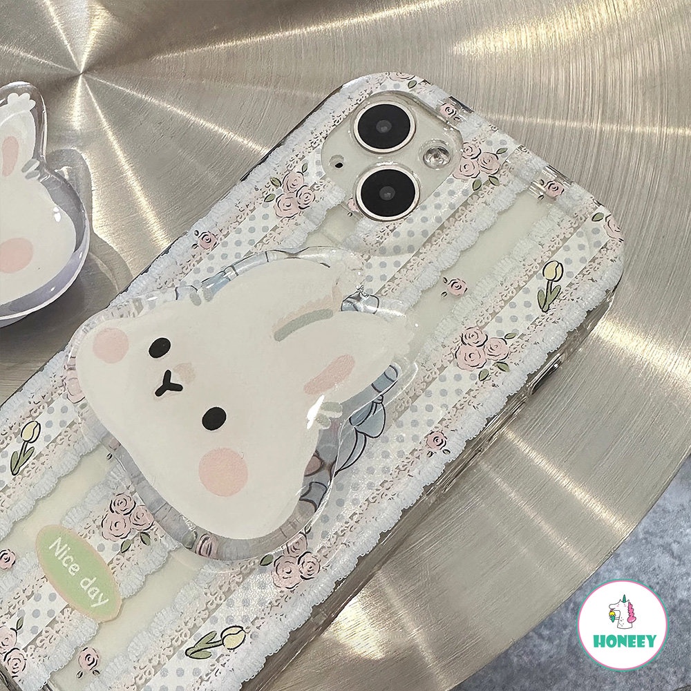 IPHONE Sweet Lace Rabbit Flowers Bracket Shell Phone Case Untuk Iphone14 13 12 11 Pro Max14 Plus Case Lucu Transparan Kartun Cover