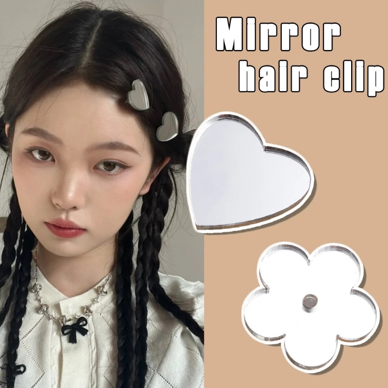 2pcs Cermin Logam Perak Hati Bunga BB Klip Y2K Lucu Wanita Gadis Poni Samping Rambut ClipSweet Indah Duckbill Jepit Rambut Barrette Korea Fashion Aksesoris Rambut