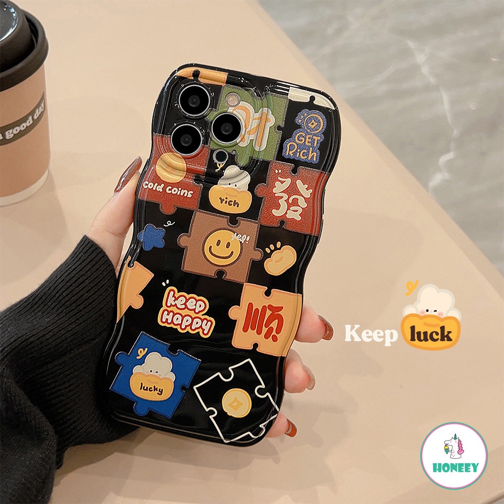 IPHONE Casing Puzzle Smiley Face Hitam Gelombang Retro Kompatibel Untuk Iphone11 12 13 14 Pro Max14 Plus Cover Shockproof Bantalan Udara