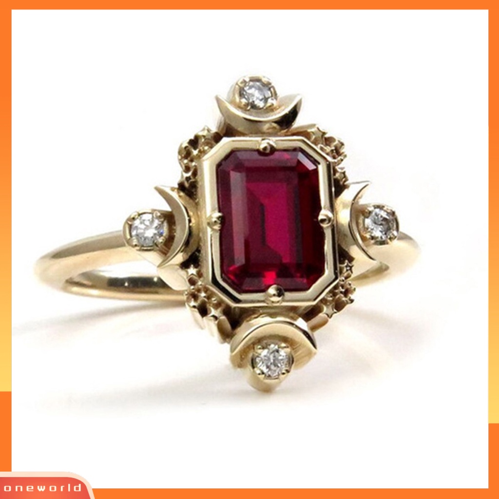 [EONE] Cincin Wanita Persegi Merah Perhiasan Permata Imitasi Electroplating Rhinestones Finger Ring Untuk Pernikahan