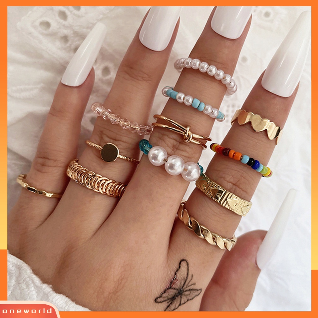 [EONE] 12pcs/set Mutiara Imitasi Multicolor Beads Knuckle Rings Bukaan Hati Simpul Wanita Knuckle Rings Perhiasan Aksesoris