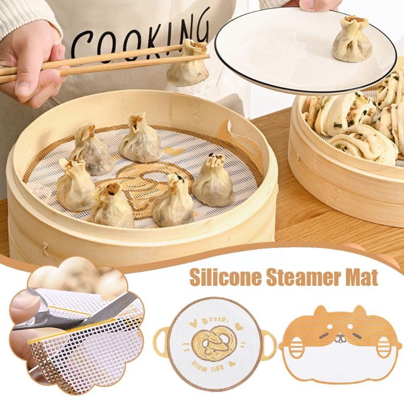 1 Pc Non-Stick Silicone Steamer Baking Mat Bulat Dim Sum Steamers Liner Kartun Reusable Steame Mat Perlengkapan Dapur