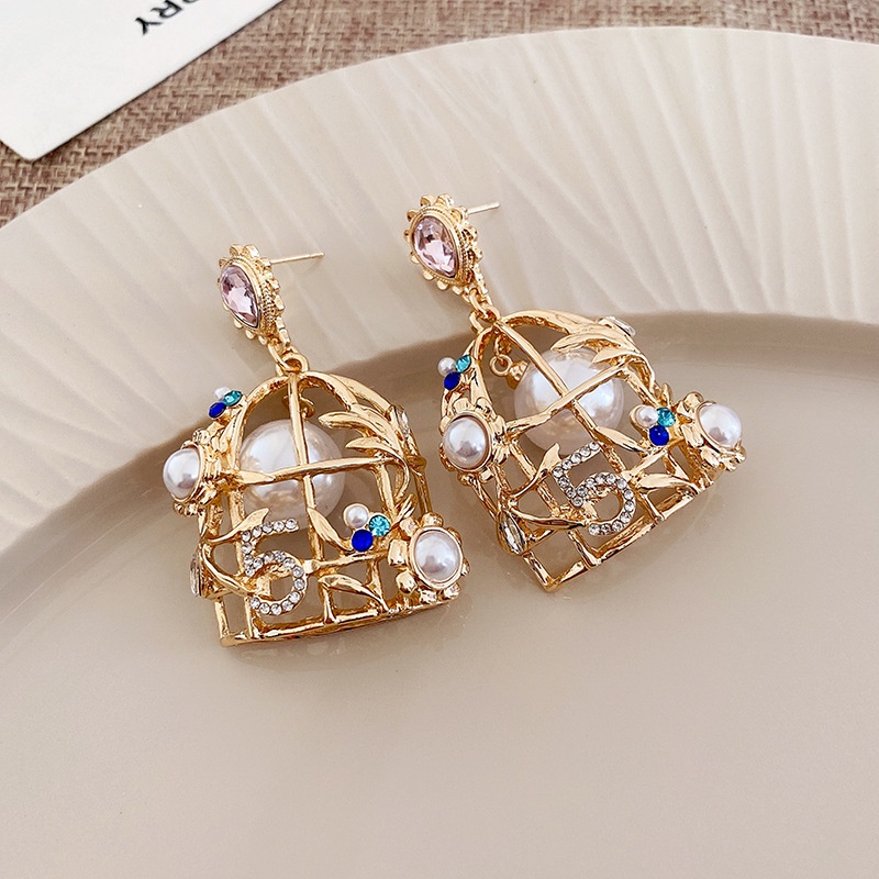 Gaya Medieval Mutiara Berlian Imitasi Angka Birdcage Anting Fashion Temperamen Unik