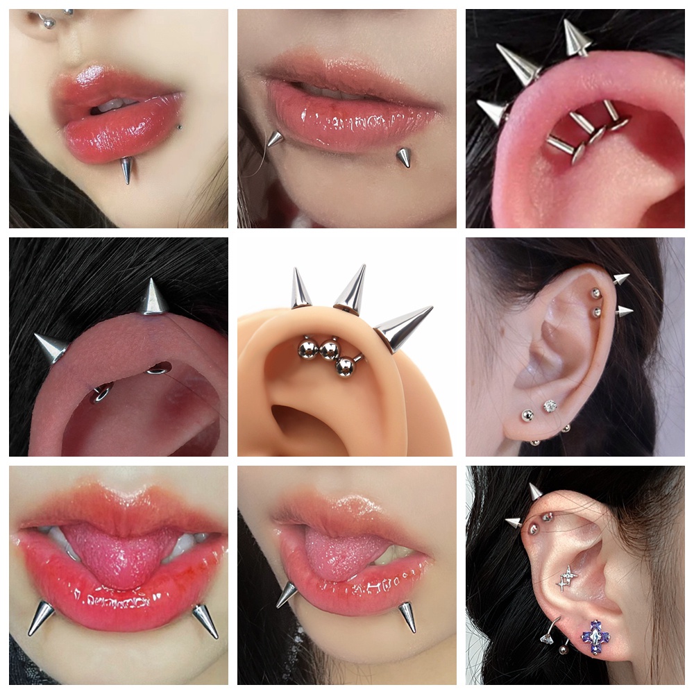 1pc6 /8/10MM Punk Panjang Spike Stainless Steel Labret Piercing Demon Elf Stud Earrings Cone Lip Stud Cartilage Conch Piercings